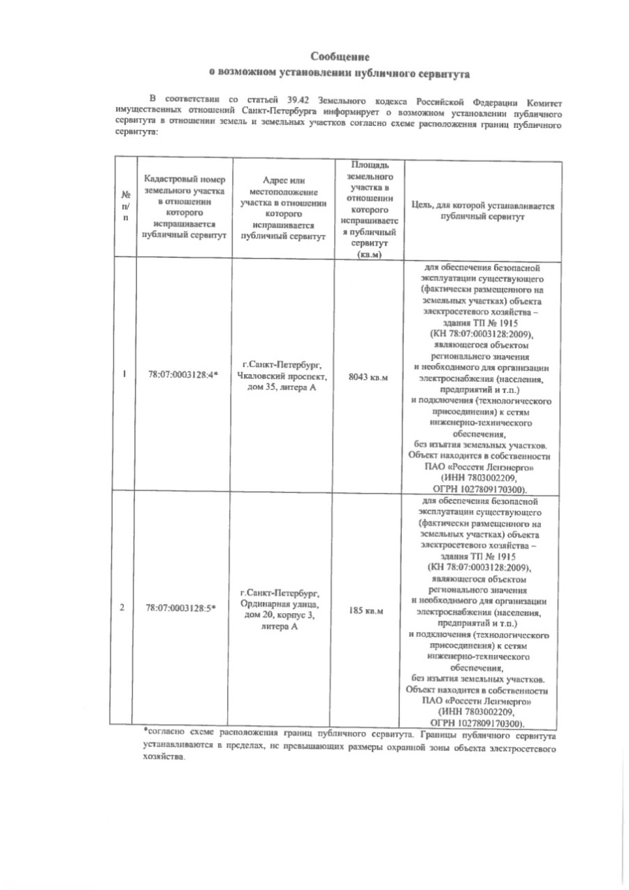 Сообщение о возможном установлении публичного сервитута