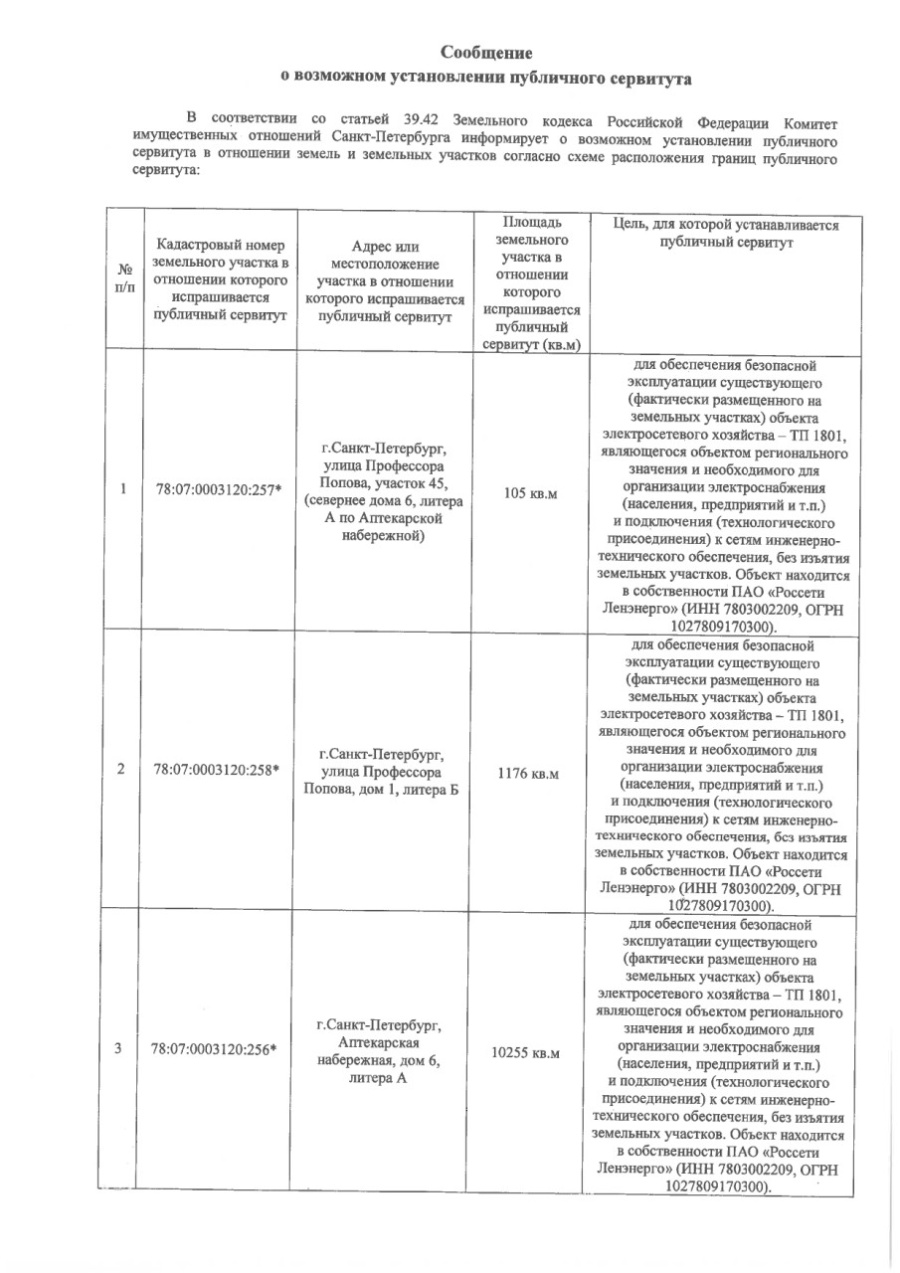 Сообщение о возможном установлении публичного сервитута